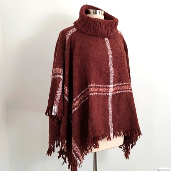 World Market Plaid Knit Cowl Neck Poncho Blanket Cape - Picture 8 of 10